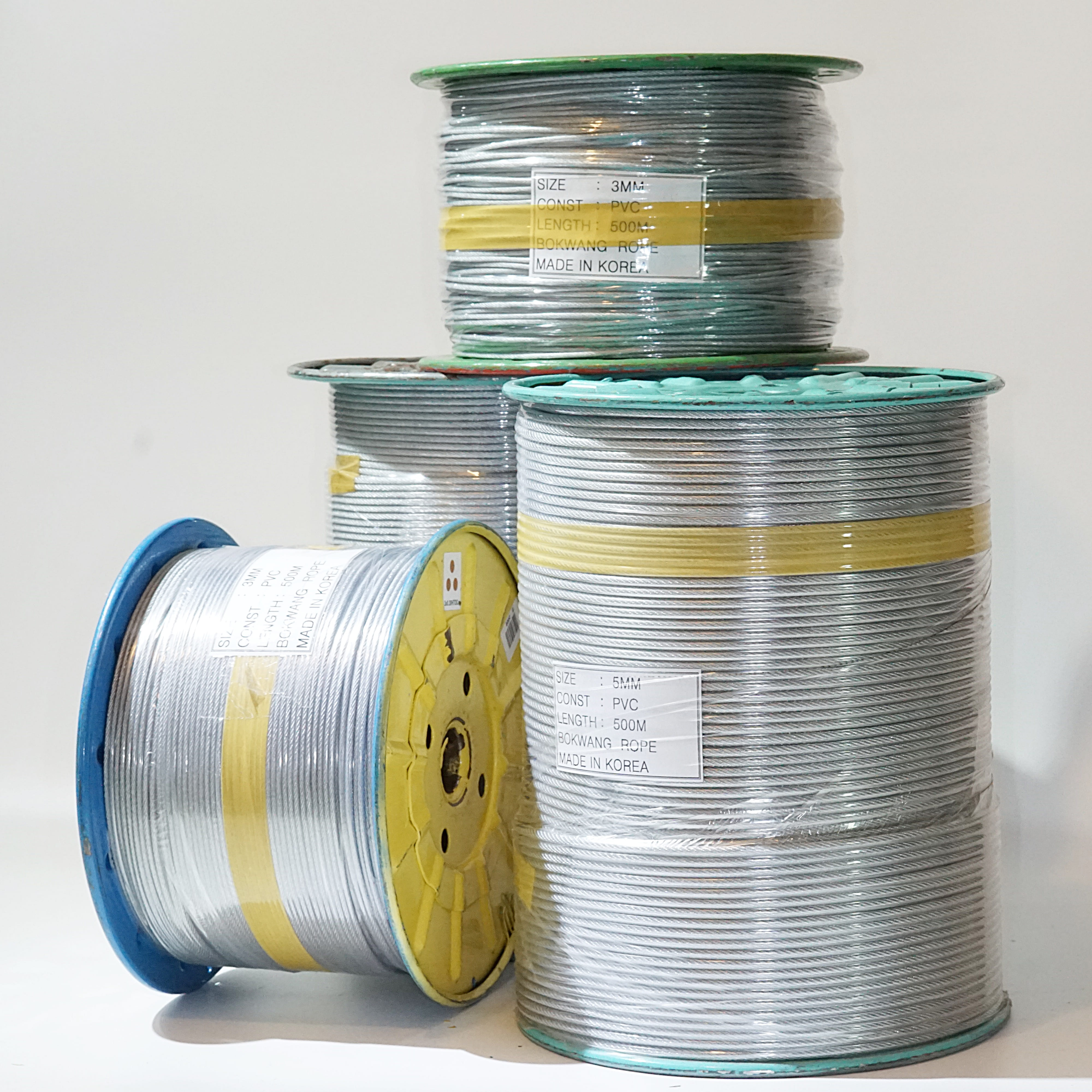 국산 코팅 와이어 로프 절단판매(1M단위 수량만큼 연장된 길이 한줄 출고) 및 100M~500M 롤 판매(3mm~10mm)